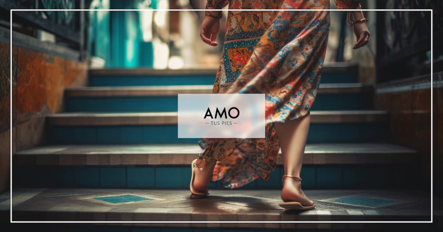 Mujer en vestido de color subiendo las escaleras